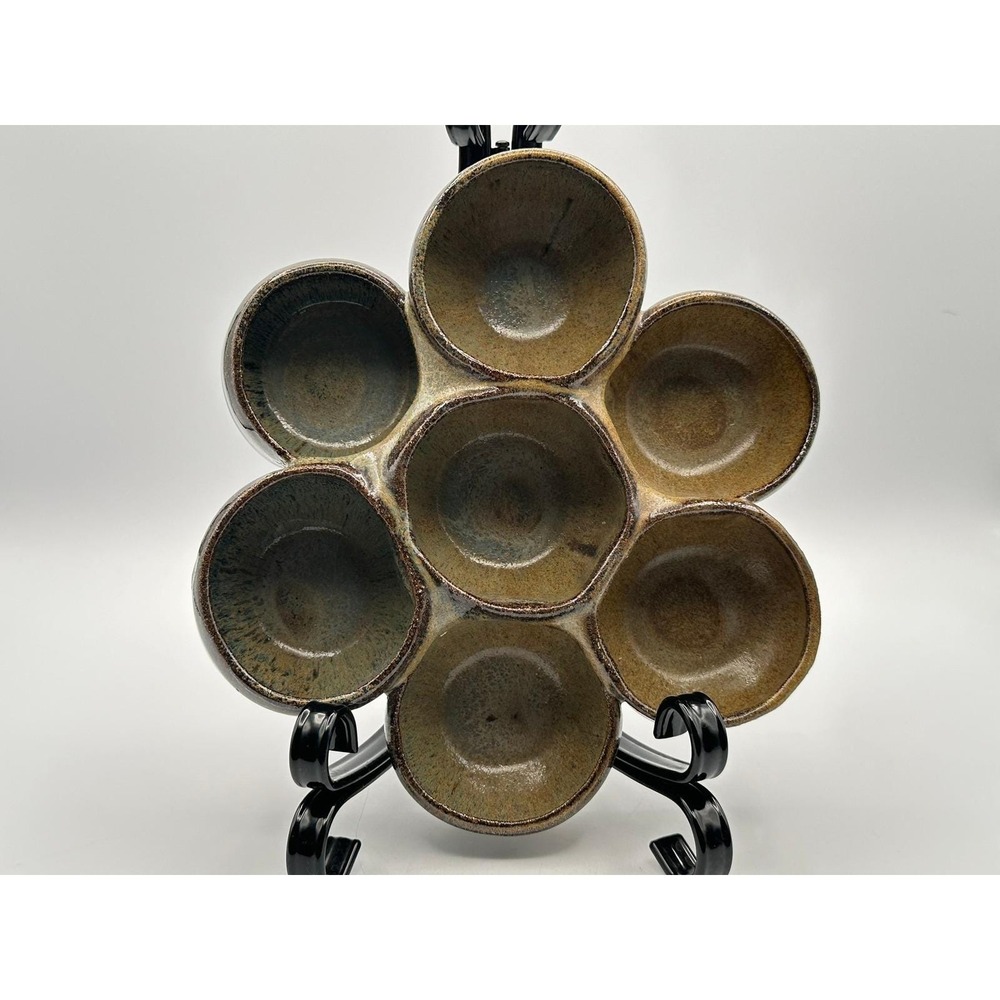 Vintage Artist Signed Stoneware Flower Dish MCM Studio Pottery Brown Glaze Bowl